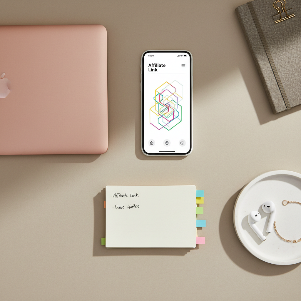 A flat lay of carefully arranged tools for building ethical online income spread across a matte beige desktop: a closed rose-gold laptop, a slim smartphone with an abstract affiliate link dashboard (no text), a tidy stack of annotated index cards with colorful tabs, and a minimalist ceramic tray holding wireless earbuds and a simple gold bracelet. A corner of a linen-bound planner is visible with an elegant brass clip. Soft, diffused natural window light comes from the left, creating gentle shadows and subtle highlights. Photographic realism with sharp focus throughout, clean and modern aesthetic, conveying an organized, educational, and non-gatekeeping approach to learning online income strategies.