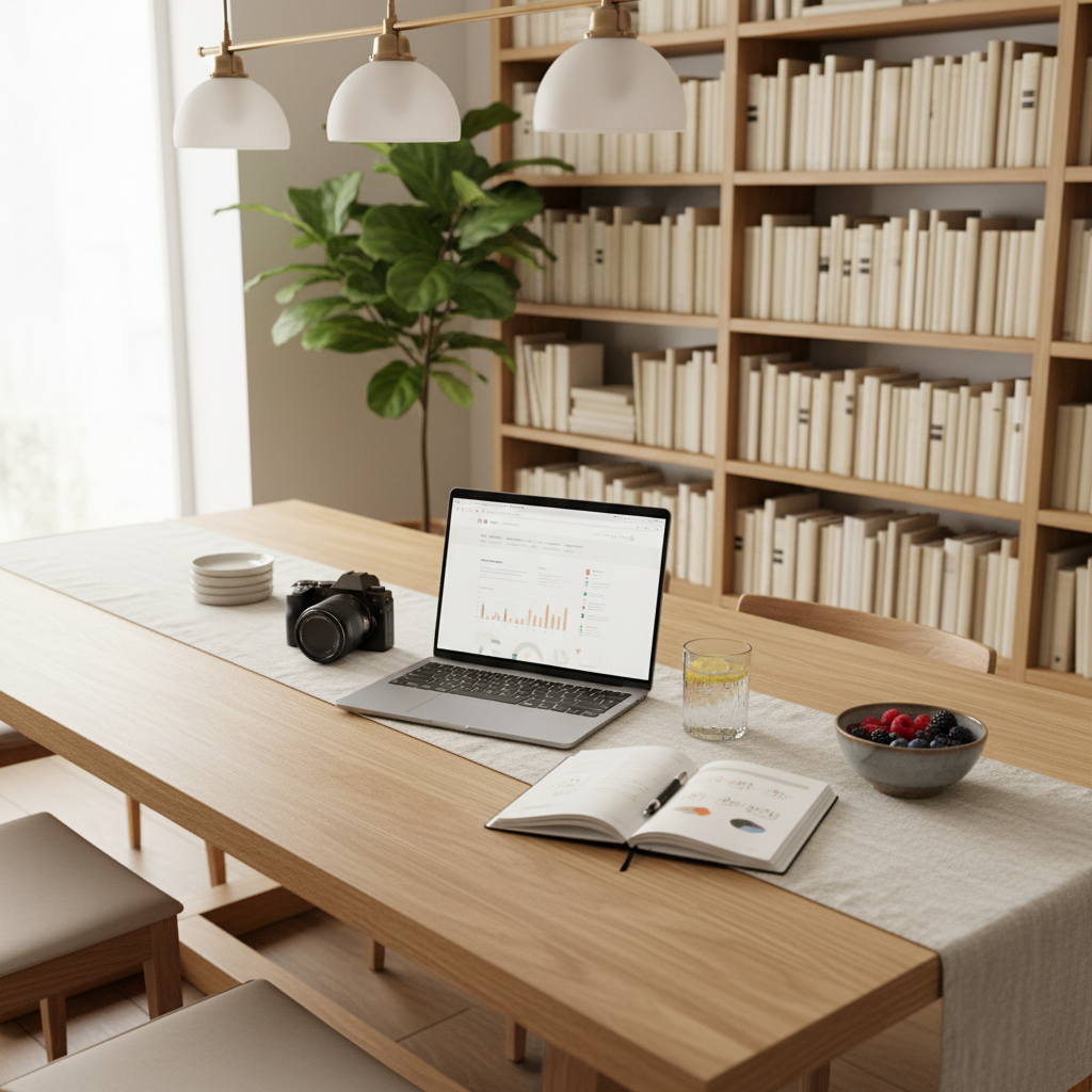 A spacious dining table repurposed as a content creation studio for an online income blog, featuring a high-end laptop, an open notebook with neat, abstract handwriting, and a mirrorless camera resting on a linen runner. Nearby, a glass of sparkling water with lemon slices and a small, stylish ceramic bowl of fresh berries add a sense of self-care and balance. The background shows built-in bookshelves with neutral-toned spines and a single lush plant. Soft overhead pendant lighting mixes with natural window light, producing a warm, welcoming glow. Photographic realism, shot from a three-quarter angle with moderate depth of field, radiating a sophisticated, focused, yet relaxed mood ideal for thoughtful online business planning.